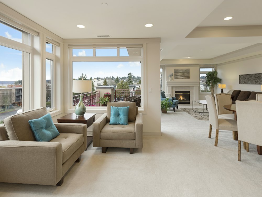 Renovated living room with sofa and armchair